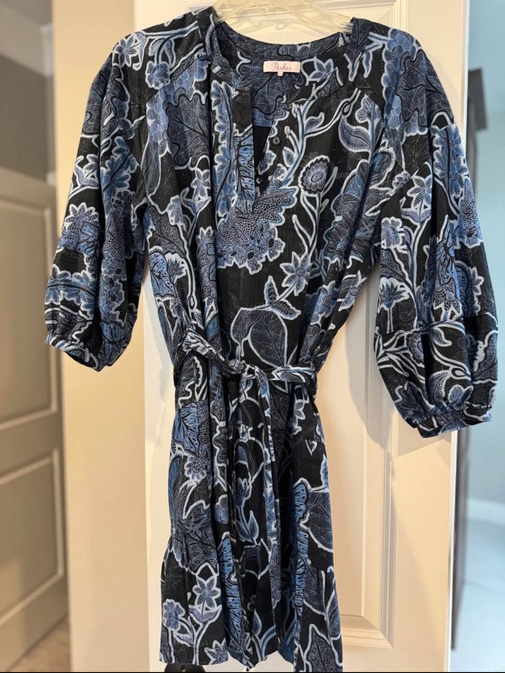 Parker Black and Blue Floral Mini Dress with Tie Waist